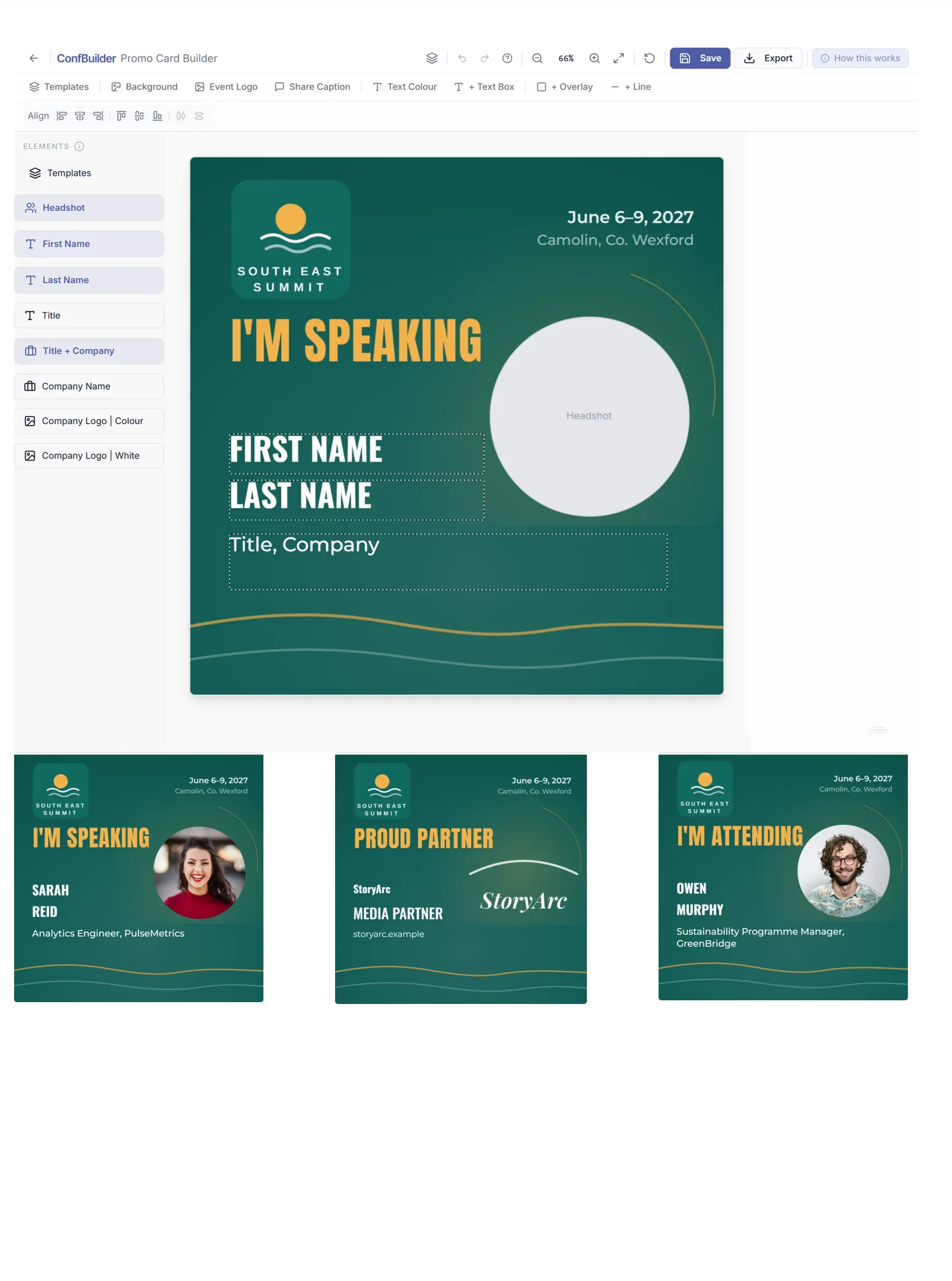 Promo Card Builder: design the template once, every field auto-fills from profiles